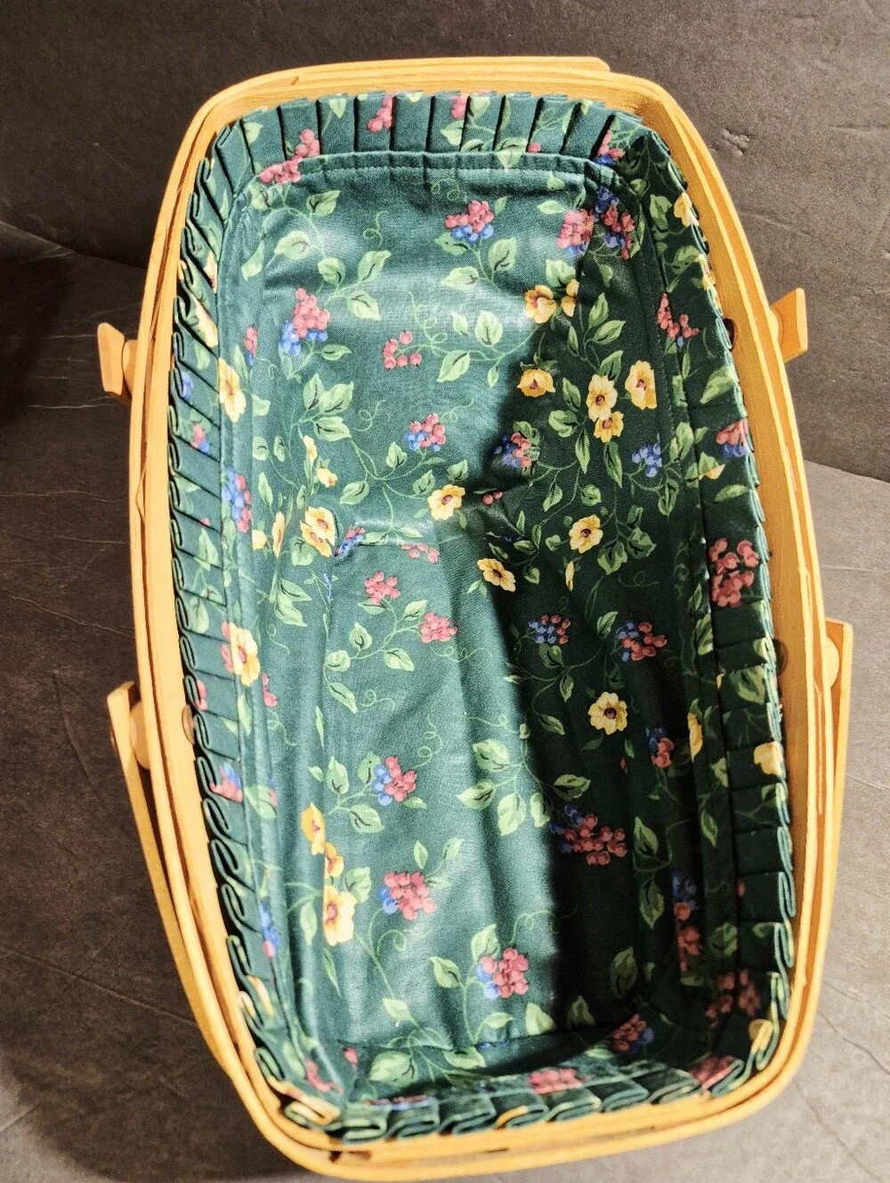 Longaberger Medium Vegetable Basket Liner Green Floral Ruffled Edge  & Protector